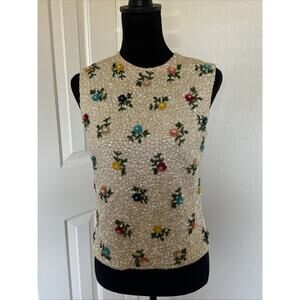 Vintage Women’s Sequined Top SIZE MEDIUM Cream floral HONG KONG 60s 70s
